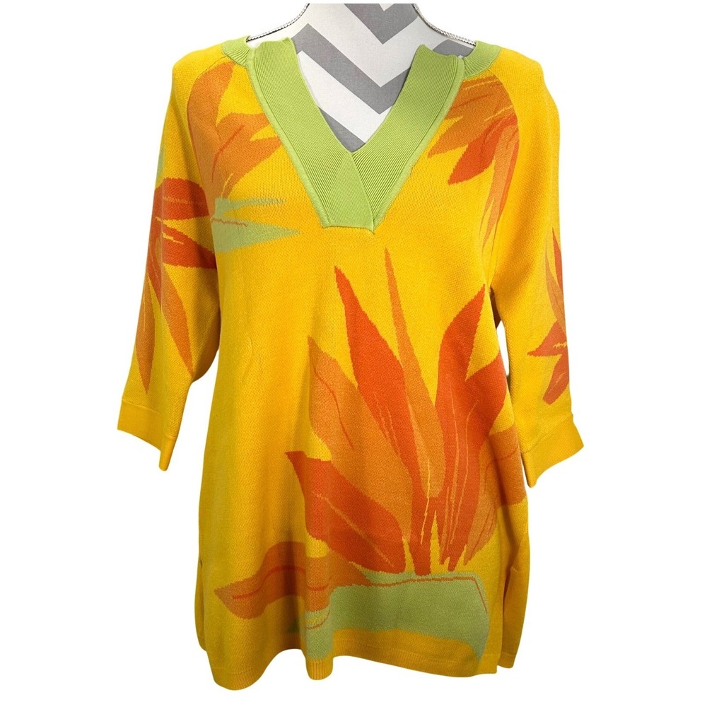 Soft Surroundings Yellow Tropical Bird of Paradise Knit Sweater 1/2 Sleeve Med